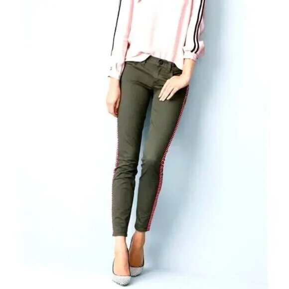 J Crew Jeans 27 Toothpick Tux Stripe NWT Olive Green with Red Stripe $128 - Picture 1 of 7